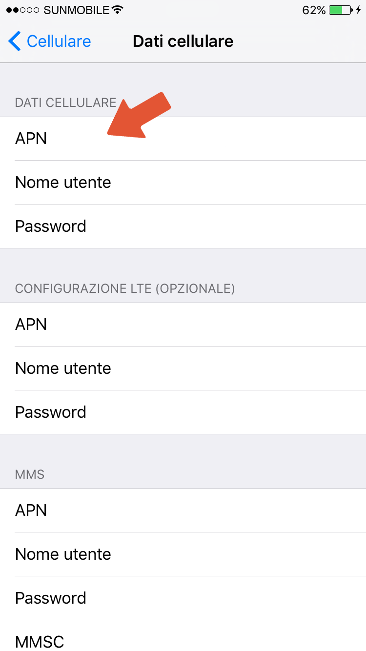 istruzioni per la configurazione APN